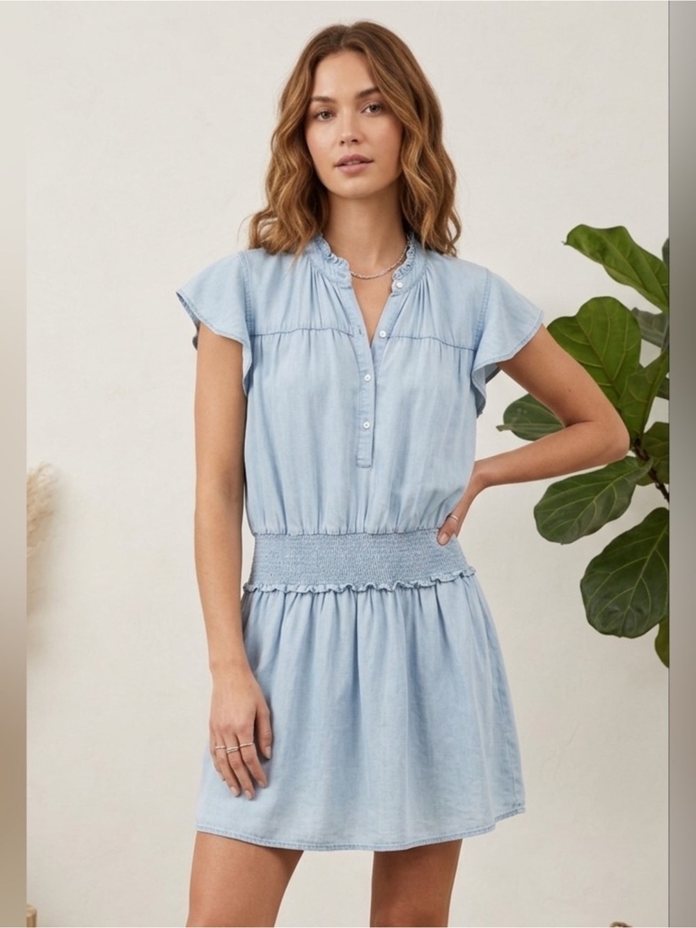 Rails Light Blue Smocked-Waist Mini Dress